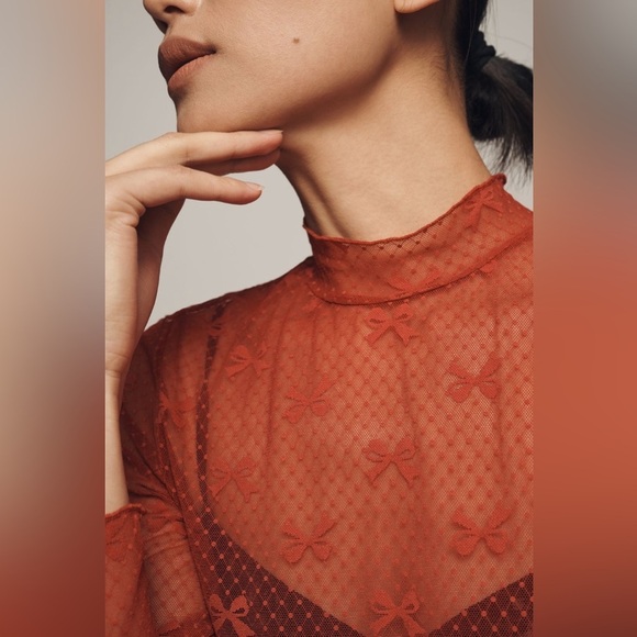 NWT! Anthropologie Maeve Red Bow Lace Turtleneck Top 🦖🦕 - Picture 5 of 10
